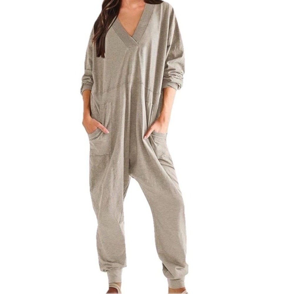 Anrabess Jumpsuit Women Large Beige Romper Pockets Long Sleeve V‎ Neck Lounge
